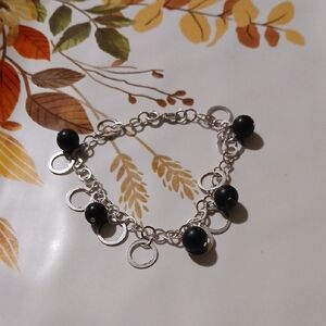 Elegant Sterling Silver and Black Stone  Charm Bracelet 7 1/2 Inches Long